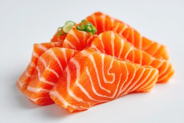 Fresh Salmon Sashimi Photography: Bright Orange Slices with Scallion Garnish on White Background