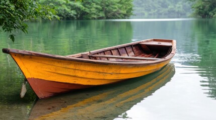 Obraz premium Scenic view of a fishing boat on calm green water, peaceful and picturesque.