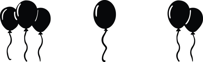 Festive black flat icons set of balloons with streamer, confetti. Layout for birthday, Christmas, anniversary, sale vectors. Party balloons with ribbons and shadow isolated on transparent background.