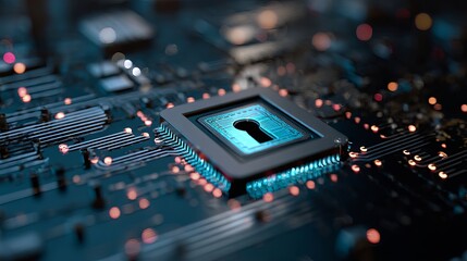 High-resolution electronic circuit board with integrated microprocessor and glowing blockchain network connections illustrating advanced cybersecurity concept