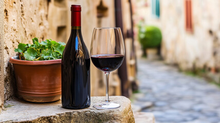 Glass of red wine and bottle placed on rustic stone ledge in narrow stone paved alley in old city town