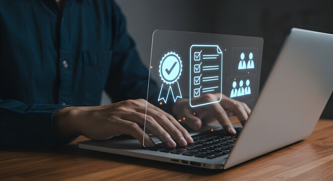  Professional verifying quality standards or completing compliance training on laptop using holographic interface displaying certification badge and checklist icons.