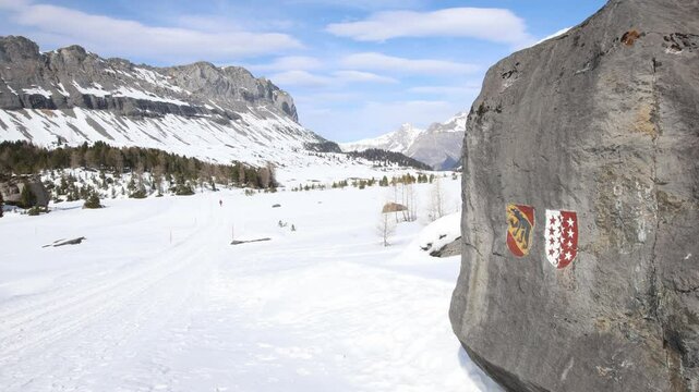 Mountain path with Bern and Valais canton flag path markers