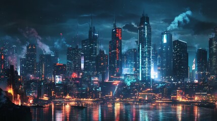Fototapeta premium Cyberpunk Cityscape: Neon Lights and Sleek Towers at Night