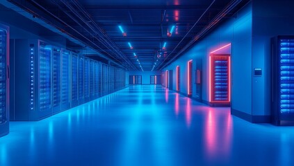 Fototapeta premium Neon-lit server room corridor with rows of glowing data storage units, reflecting on a polished floor.