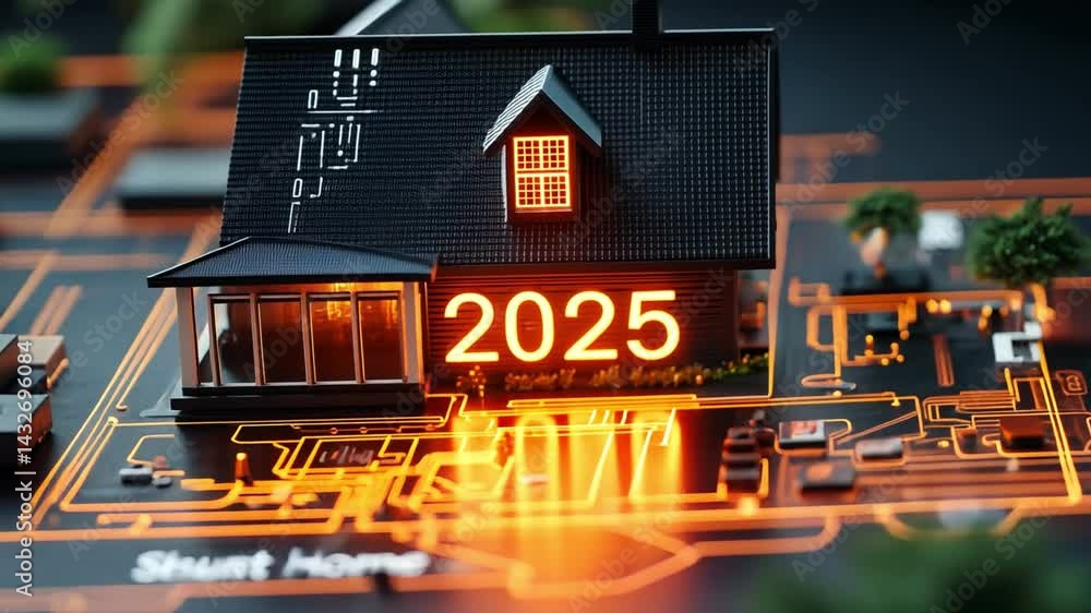 Poster futuristic house design glowing innovation in architecture and technology for 2025 with modern eleme