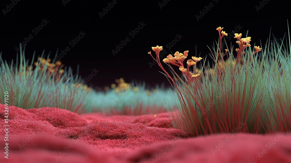 Poster close-up of a group of plants with small yellow flowers. the plants are arranged in a way that they 