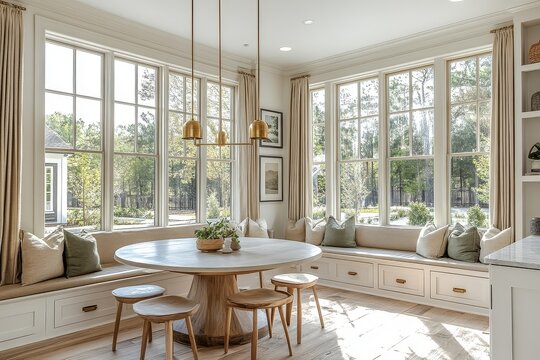 Mid-century modern dining room with round table, bench seating, brass chandelier, off-white walls, white oak floors, beige curtains, and soft green pillows.