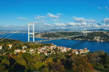 Istanbul Bosphorus Bridge(July 15 Martyrs Bridge). Aerial view of the Bosphorus Bridge with drone on a cloudy day. Unique view of Istanbul. Turkiye.