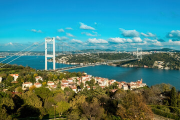 Istanbul Bosphorus Bridge(July 15 Martyrs Bridge). Aerial view of the Bosphorus Bridge with drone on a cloudy day. Unique view of Istanbul. Turkiye.