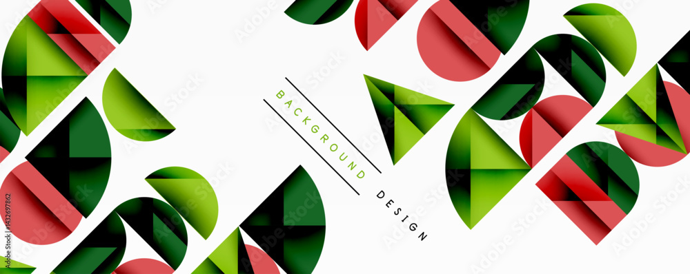 Poster abstract geometric shapes overlap. green, red hues dominate white space. modern design element for b