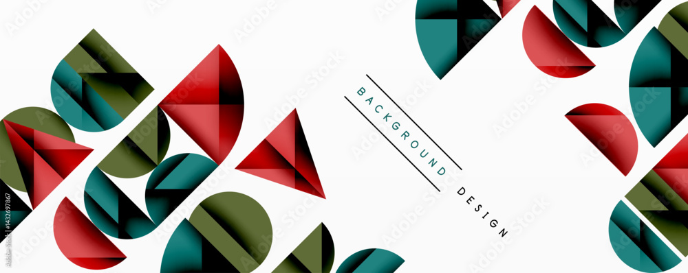 Poster Abstract geometric shapes, red, green, teal. Minimalist design with overlapping elements, clean aesthetic. Modern background pattern.
