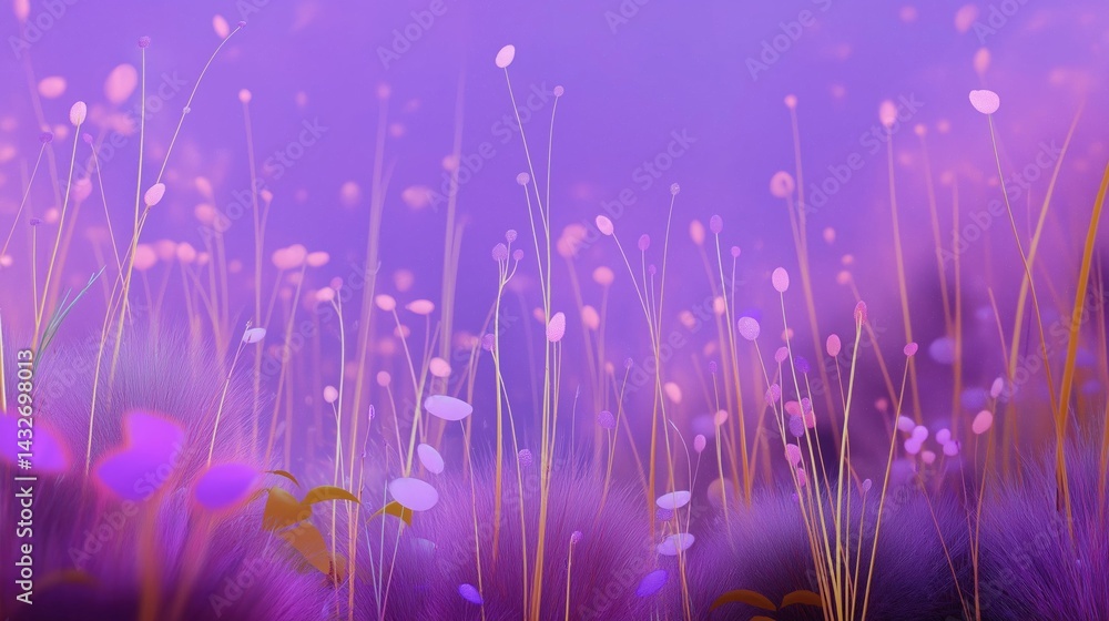Poster close-up of a field of tall grass with a purple background. the grass is a mix of different shades o