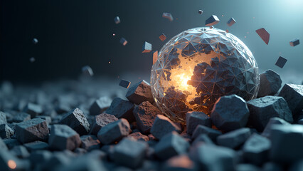 Geodesic sphere revealing luminous core amid rough, fragmented terrain landscape