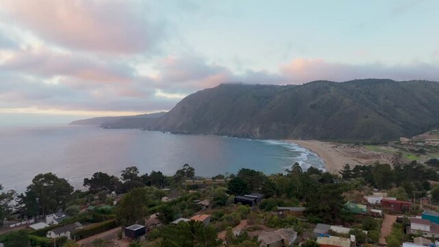 Quintay Chile Casablanca Valparaiso beach sea foam, morning pan drone view