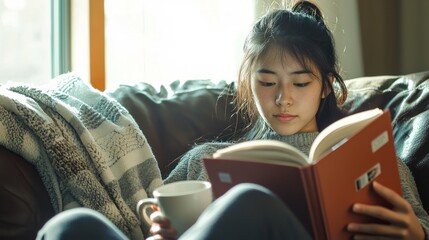 A student taking a study break while sitting on a couch, holding a textbook and a cup of coffee.