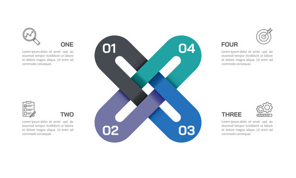 Cross loop infinity Infographic. 4 Options for business development. Presentation, Information, Plan and Strategy. Vector illustration.