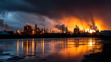 Naklejka premium Industrial complex at dusk with smoke stacks and dramatic lighting reflections