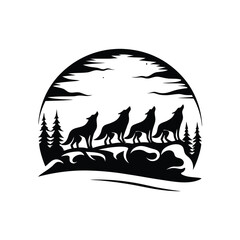 Silhouette of Howling Wolves Under the Moon With Trees and Landscape Design Art