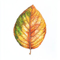 Obraz premium Detailed Watercolor Painting of a Single Autumn Leaf with Yellow, Orange, and Green Hues on White Background