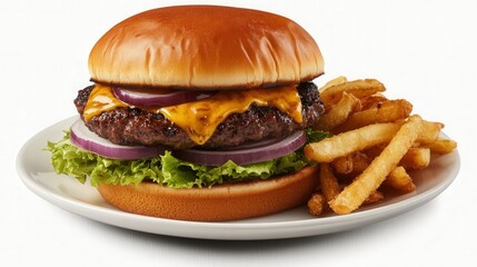 Delicious burger with fries on a plate