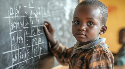A child solving math problems on a chalkboard in a classroom setting.