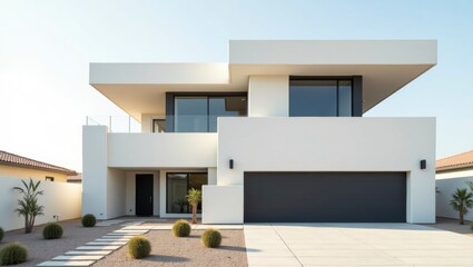 Unique modern white house exterior showcasing bold minimalist design with clean lines and a contemporary style amidst a serene landscape