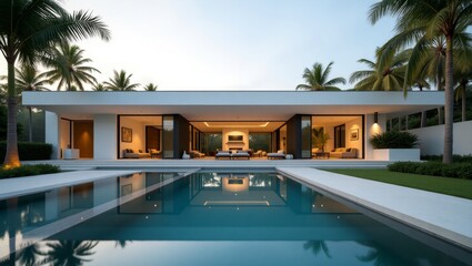 Fototapeta premium Stunning pool with a modern house in the background set against a tropical venezuelan landscape highlighting outdoor living spaces