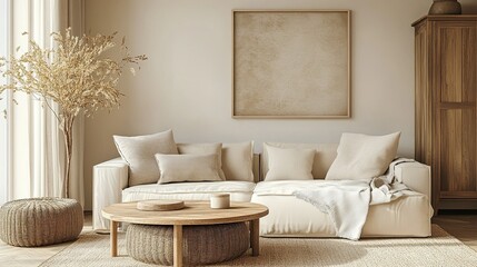 Small cozy living room decorated with a beige sofa, wooden cabinet, and warm neutral-toned interiors -