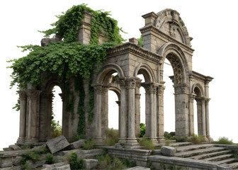 Obraz premium Ancient stone ruins with arches and columns covered in green ivy on a transparent background