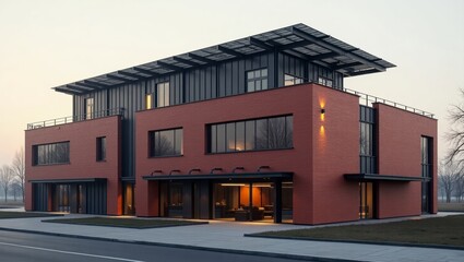 Striking modern house with industrial style featuring bold red brick exterior and sleek black accents in an urban landscape setting