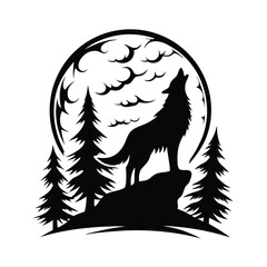 Silhouette Howling Wolf on Rock Formation against Moon and Pine Trees Scenic View
