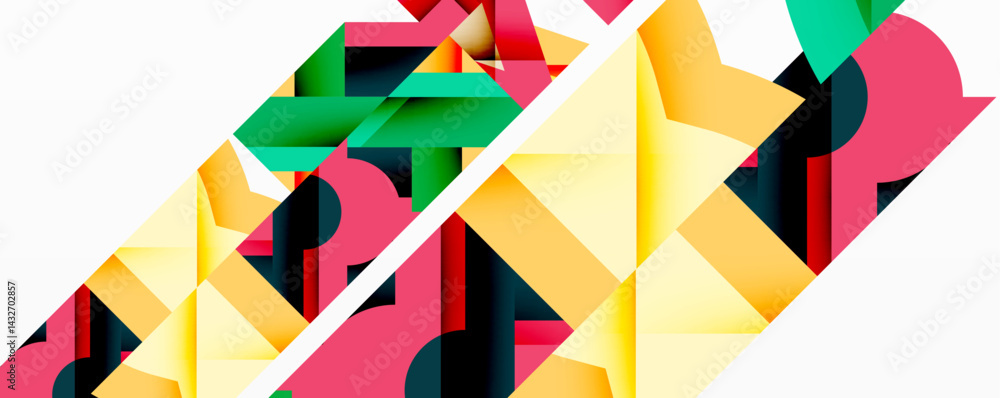 Poster Abstract geometric shapes overlap, creating dynamic composition. Bright colors contrast with dark shadows. Modern design elements present.