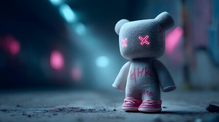 Cracked vinyl toy with neon graffiti and glitch overlays, urban mixed media