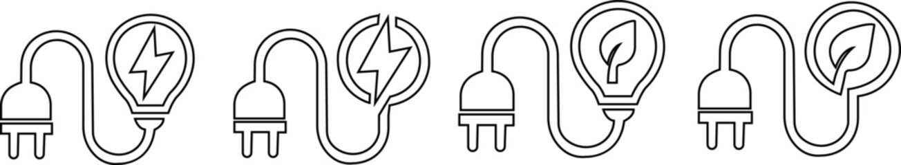 Set of renewable energy saving icon black outline styles. Plug and leaf eco vectors collection. Electric power energy charge symbols isolated on transparent background. Sustainability illustration.