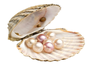 Pearls in an oyster shell showing off their beauty and elegance in a clam on a transparent background