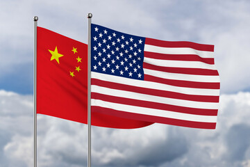Chinese and American flag on sky background. 3D illustration