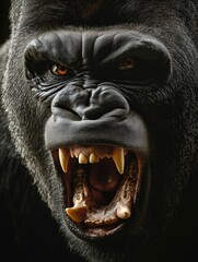 An intense close-up of a gorilla baring its teeth in a fierce snarl, its massive jaw muscles flexing with power