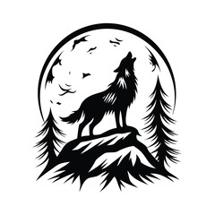 Black Silhouette Wolf Howling on a Rocky Hill with Trees and Moon Background Design