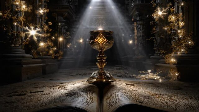 Discover the legendary holy grail displayed in a dark, atmospheric setting. Soft rays of light illuminate the ornate chalice resting on ancient texts, revealing secrets of history