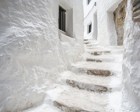 Whitewashed alleyway with stone steps.  Snowy and textured walls