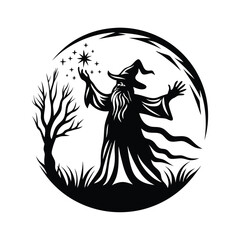 Black Silhouette of Man in Wizard Robe Holding Star Wand with Hand Raised Upwards