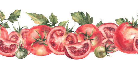 Red tomatoes with leaves watercolor seamless border. Realistic painted vegetables illustration. Whole and sliced red and green fruit with stalk. Isolated from background food botanical harvest pattern