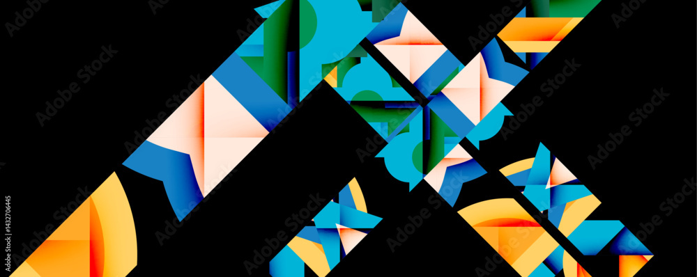 Aufkleber Abstract geometric shapes overlap, creating dynamic composition. Bright colors contrast against dark background. Modern design elements present.