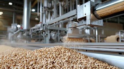Wheat processing in rural mill, rustic machinery at work.