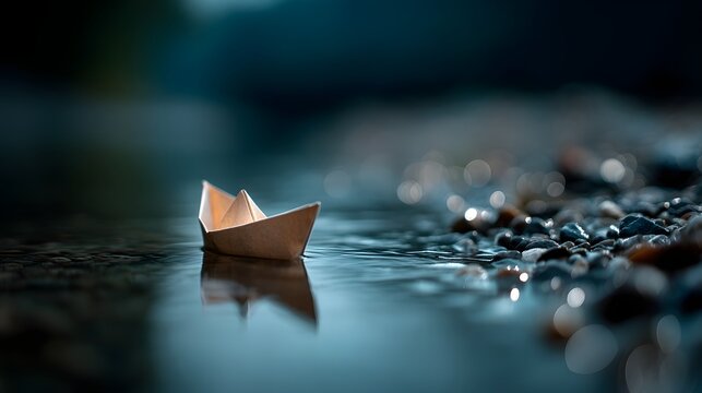 A solitary paper boat navigating the tranquil waters
