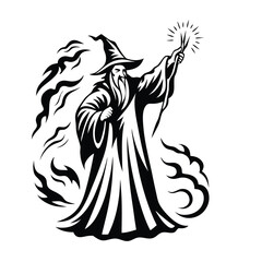 Wizard Silhouette With Pointed Hat and Staff, Black and White Magical Figure