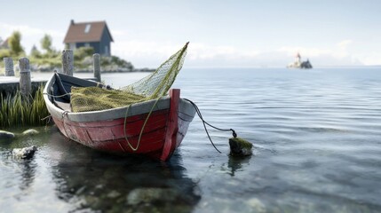 Obraz premium Wooden boat anchored near the shore, colorful fishing nets onboard, rustic feel.