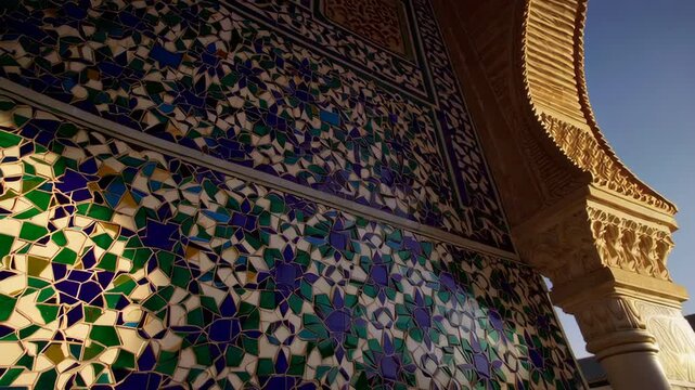 Sunlight reflecting on moroccan zellige mosaic tiles at sunrise