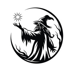 Wizard Silhouette Holding Star, Fantasy Character in Black and White